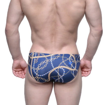 Blue swim trunks metroMalewear mayor bikini 5103-m74 with bold gold chain and rope pattern for stylish beachwear