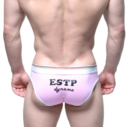 Pink estp dynamo briefs with a white multicolored striped waistband and black lettering metro male wear mbti hip brief 8003-03
