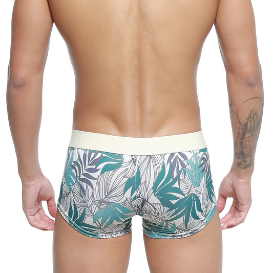 MetroMaleWear meadow trunk 2026-66 tropical leaf-patterned men’s briefs in teal gray white with cream waistband