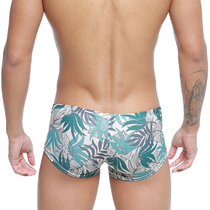 MetroMaleWear Meadow Trunk 2125-56 tropical leaf-patterned swim trunks in teal white and gray for men