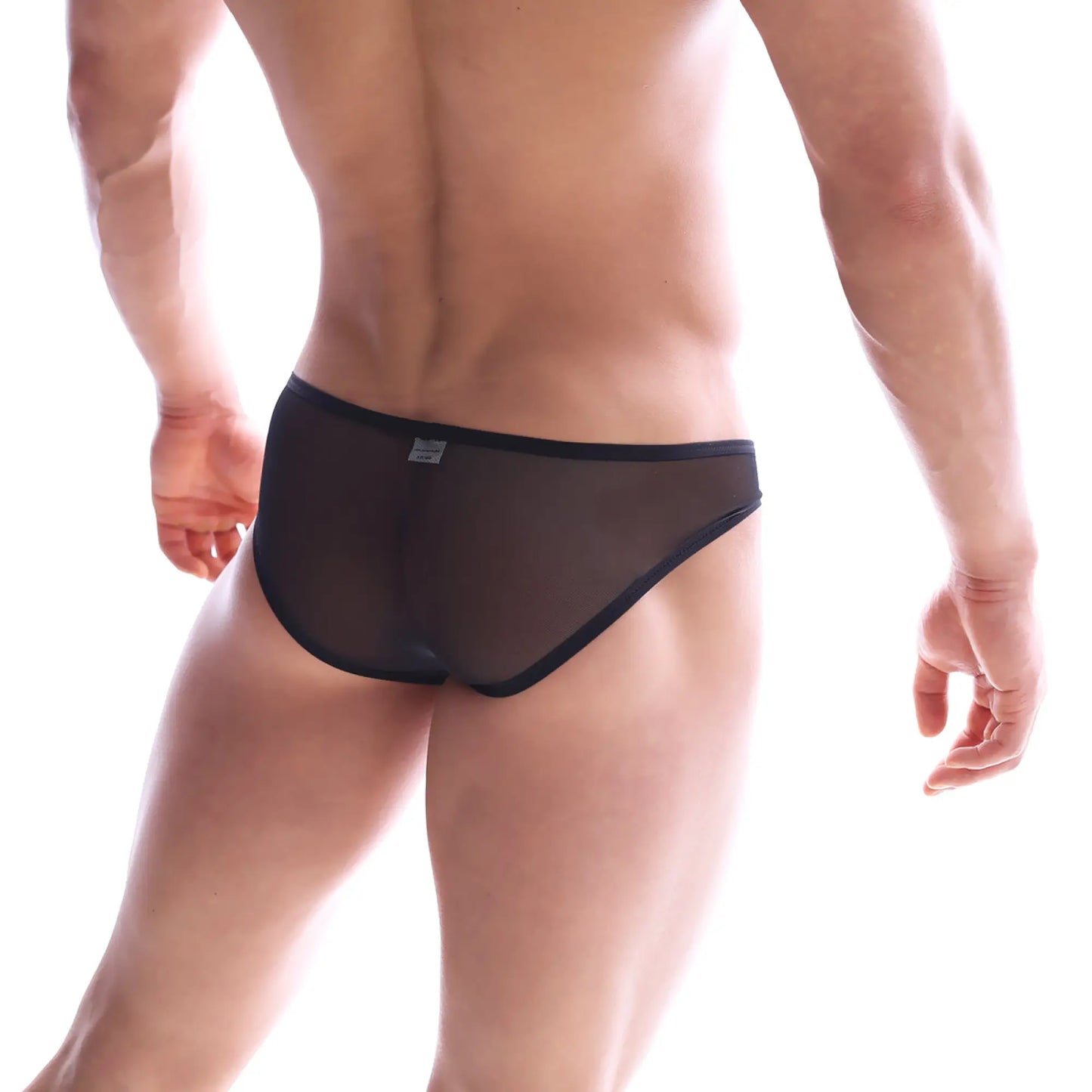 Black sheer mesh briefs with solid black waistband metroMalewear mesh bikini black 6105-41 front view