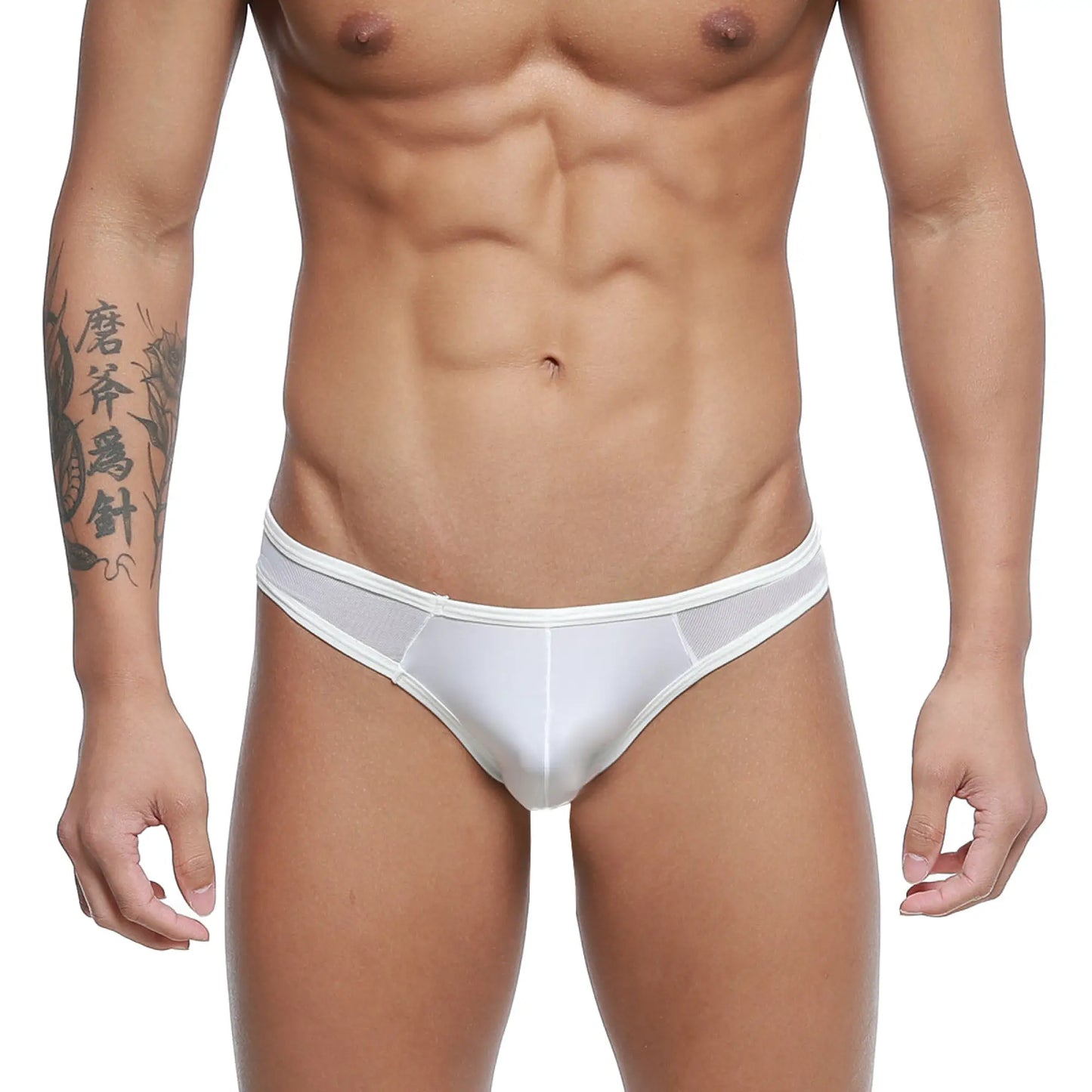White mesh briefs with solid white waistband metroMalewear mesh bikini-thong 2972-00 front view