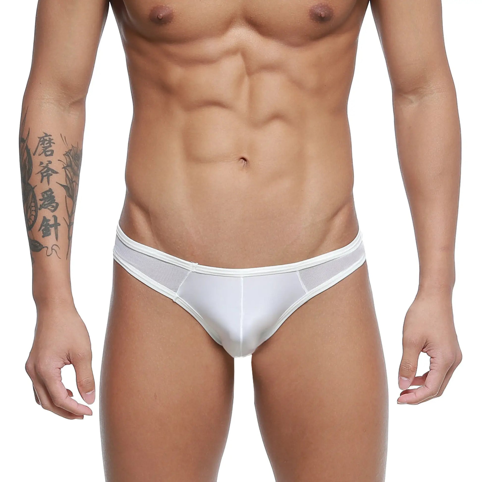 White mesh briefs with solid white waistband metroMalewear mesh bikini-thong 2972-00 front view