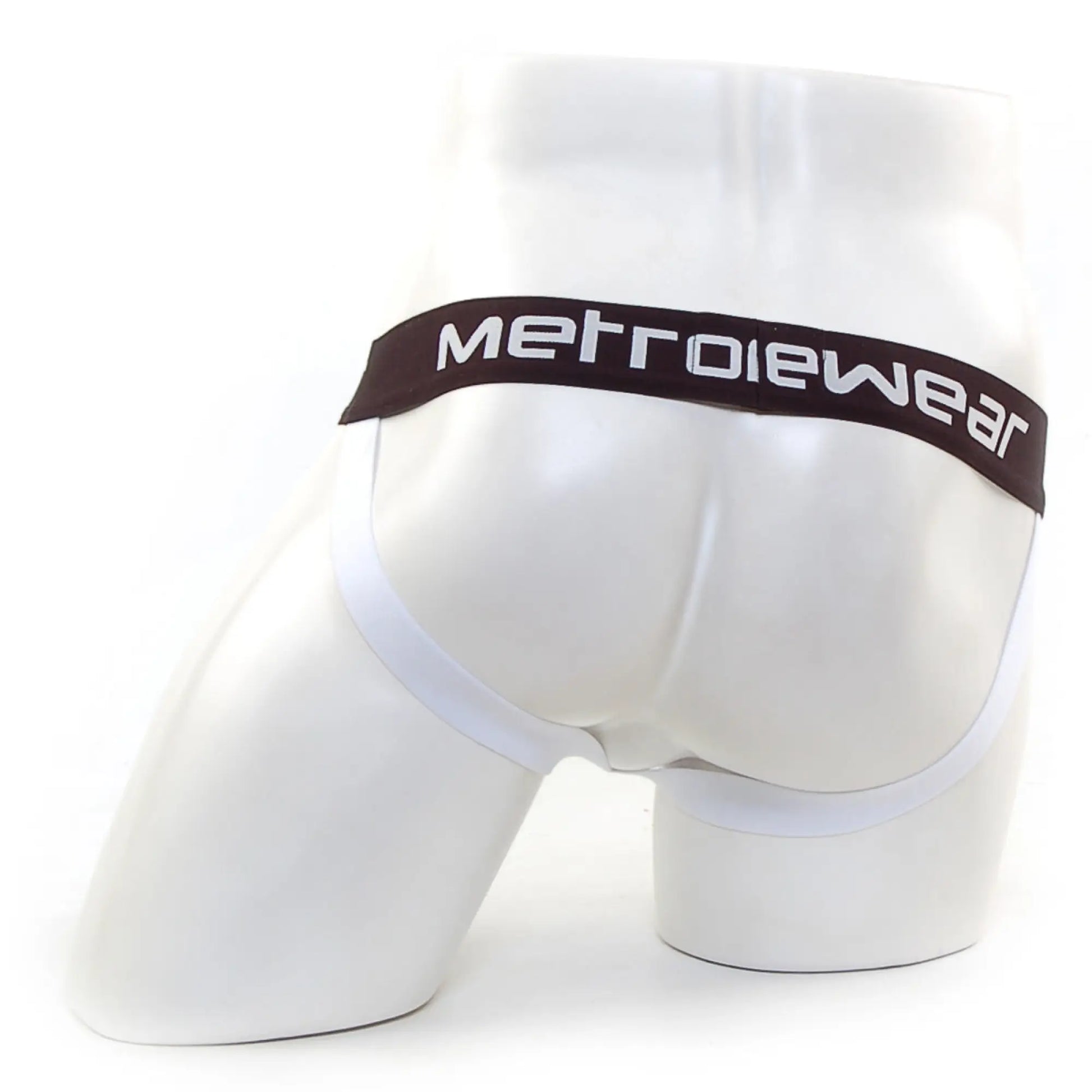 White men’s briefs with a dark brown metrowear logo waistband paired with metro malewear mesh camo jock strap orange 3001-03