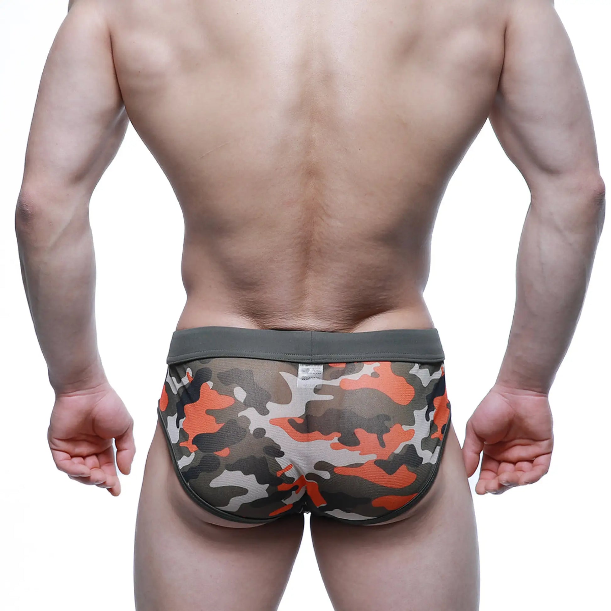 MetroMaleWear mesh camouflage brief green 5203-91 features orange gray white mesh with olive green waistband