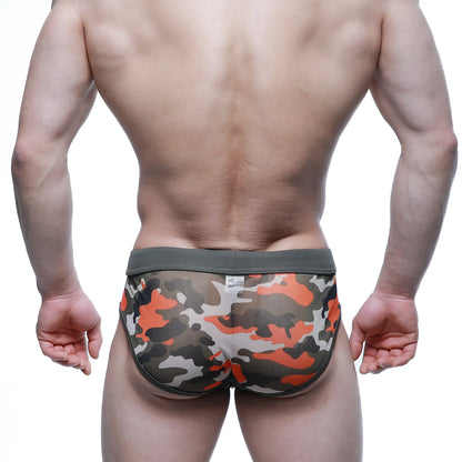 MetroMaleWear mesh camouflage brief green 5203-91 features orange gray white mesh with olive green waistband