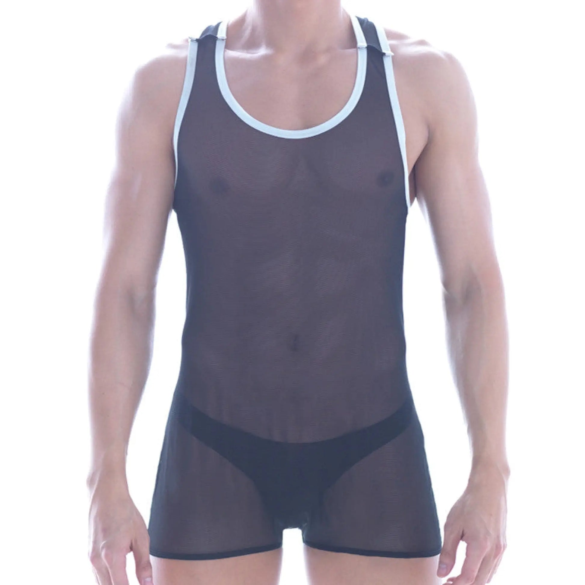 Black sheer mesh tank top with white trim neckline and armholes from MetroMaleWear mesh contrast series