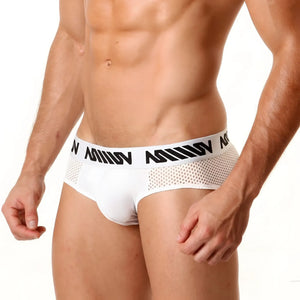 White mesh hip briefs with black million logo waistband from MetroMaleWear model 5003-47