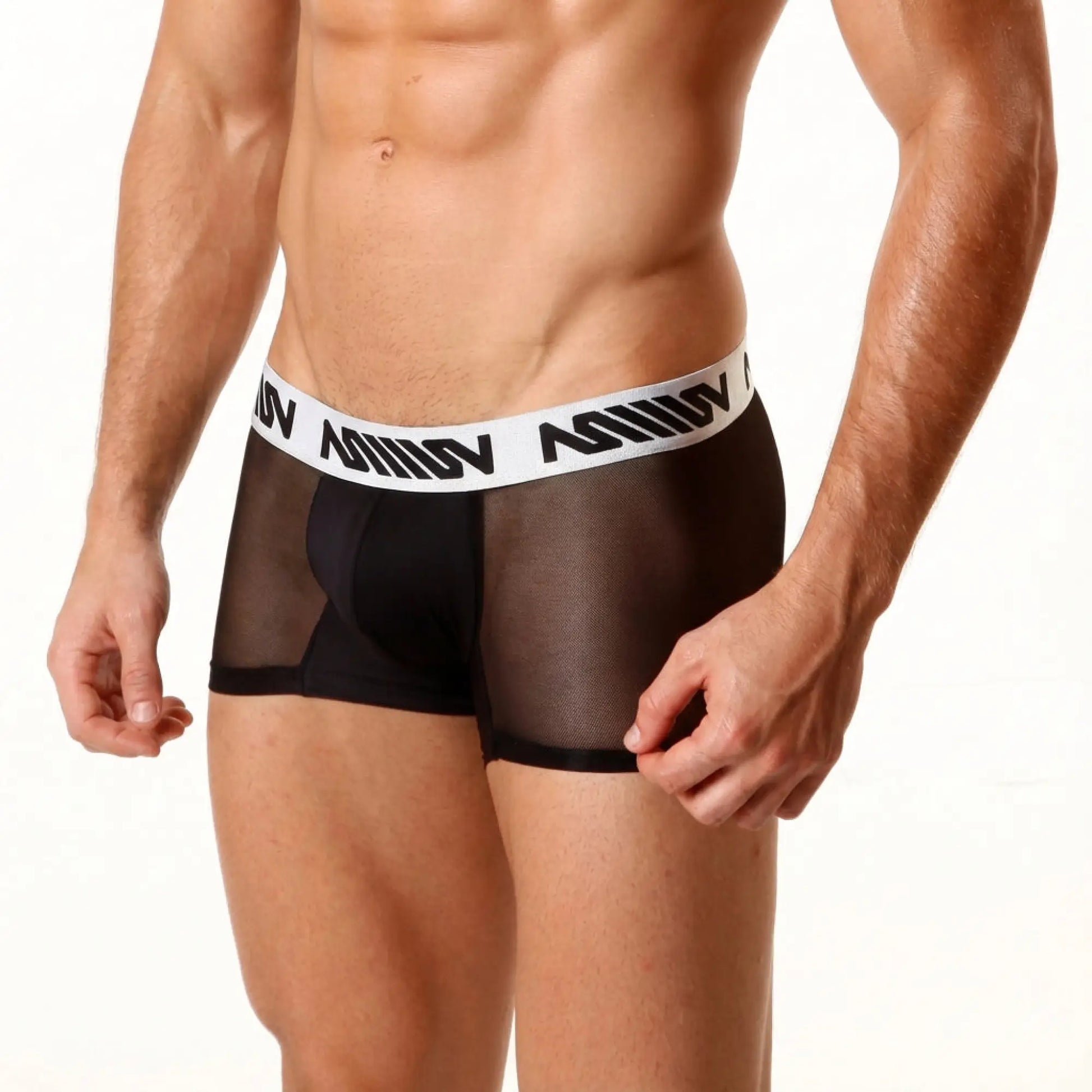 MetroMaleWear mesh short boxer in black with white elastic waistband and bold black lettering 7 inch length