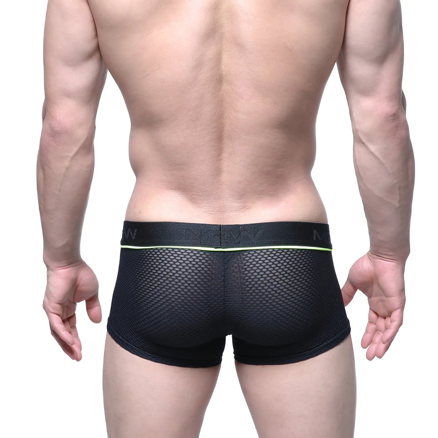 Black mesh briefs with neon green trim and nexx waistband from metro male wear meta trunk black 2026-75 collection