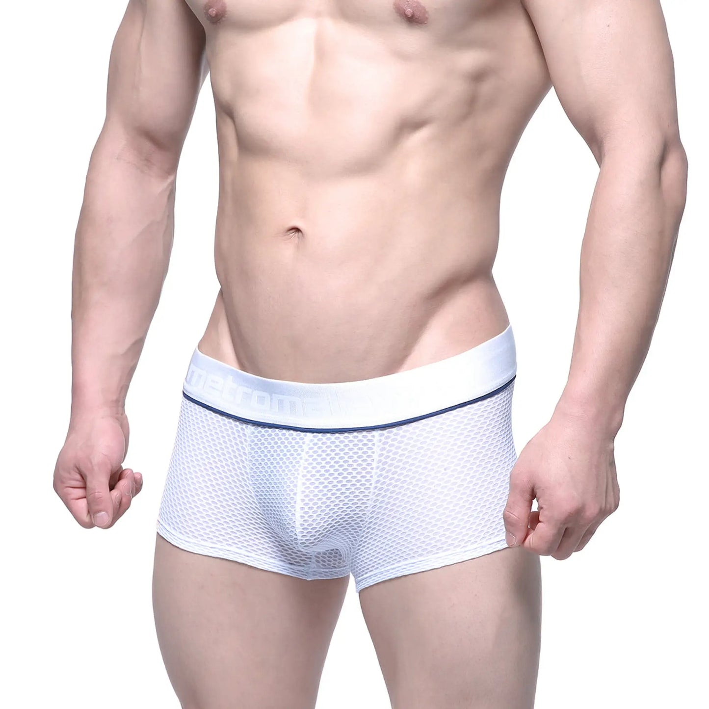 MetroMaleWear meta trunk white mesh briefs with navy blue trim and elastic waistband for comfortable wear