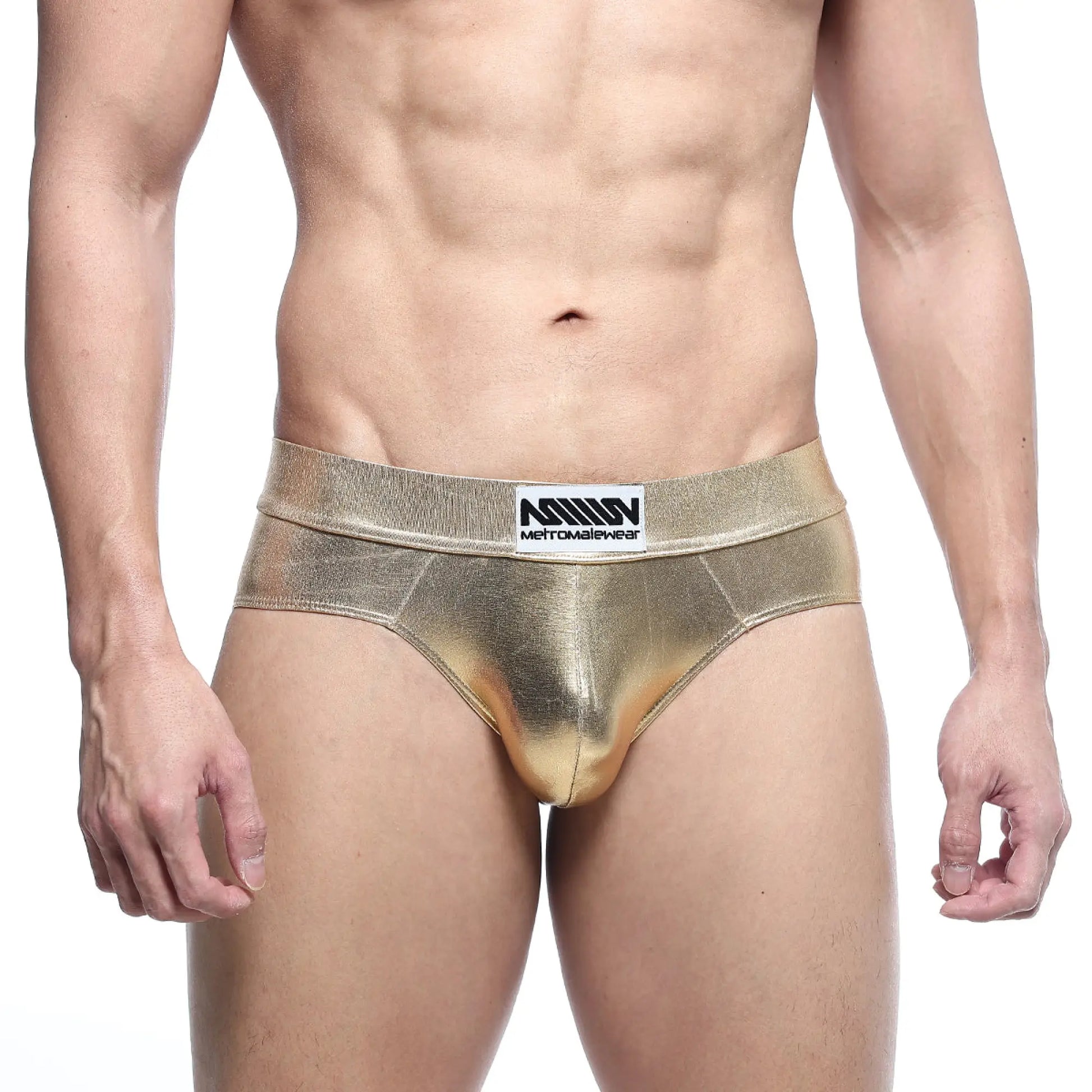 Metal hip brief gold by metromalewear features metallic gold fabric with a sleek shiny finish and branded waistband