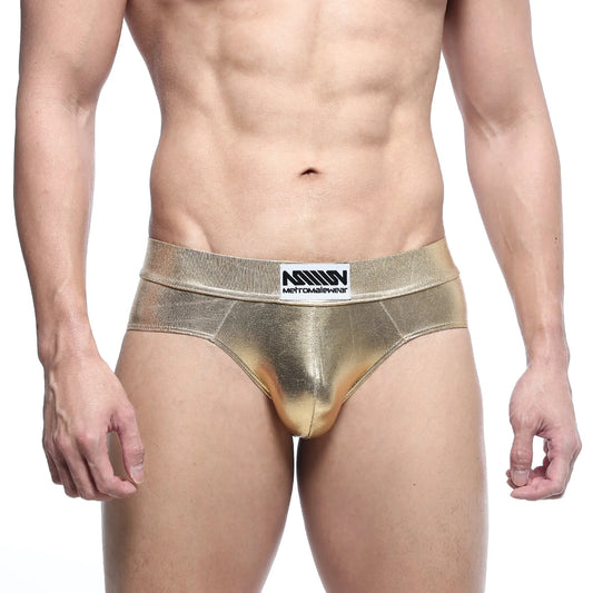 Metal hip brief gold by metromalewear features metallic gold fabric with a sleek shiny finish and branded waistband