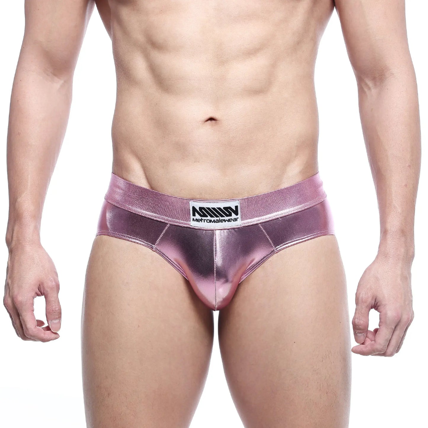 Shiny metallic pink MetroMaleWear metal hip briefs with branded waistband for stylish men’s underwear