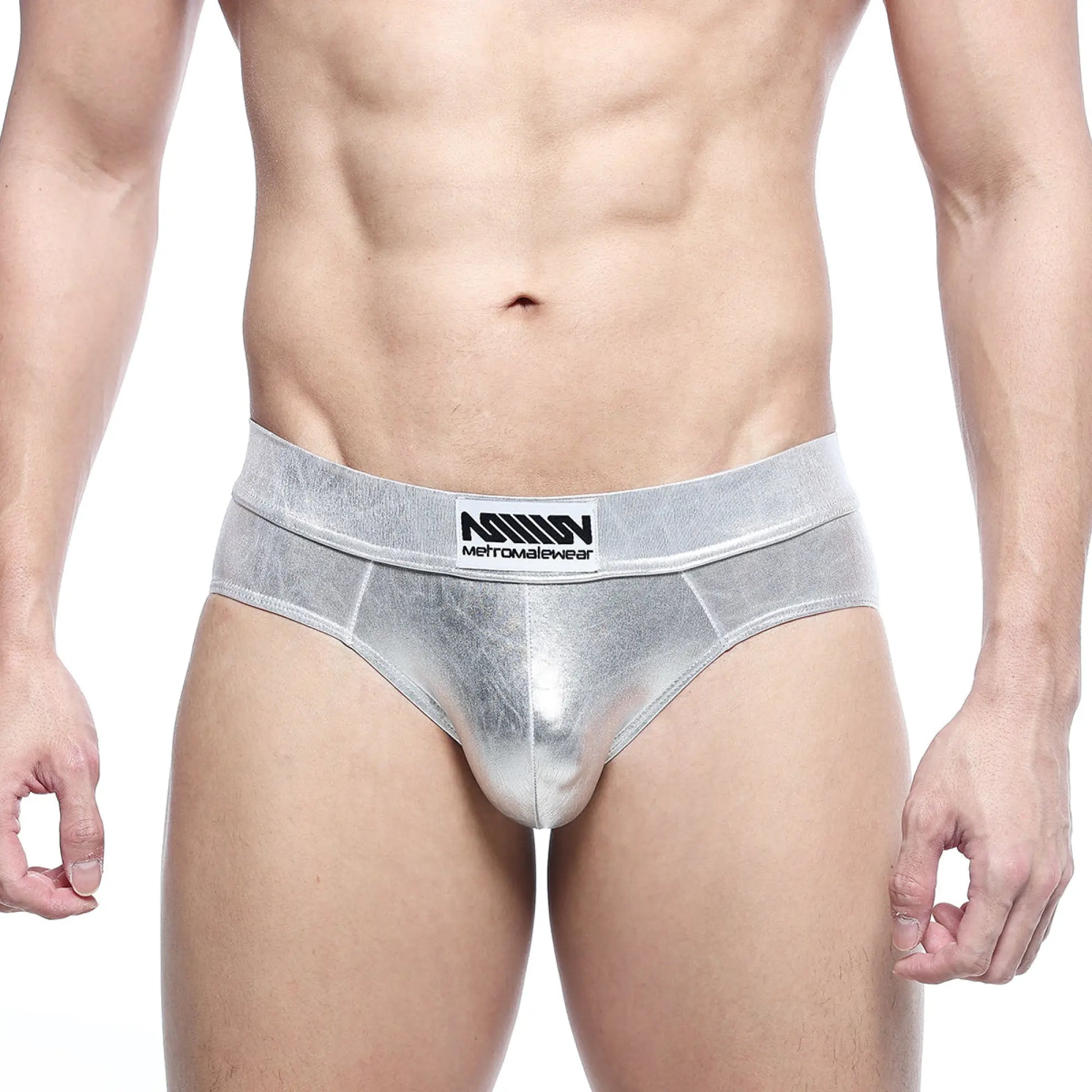 Silver metallic metroMalewear metal hip briefs 5503-01 with subtle sheen and branded waistband
