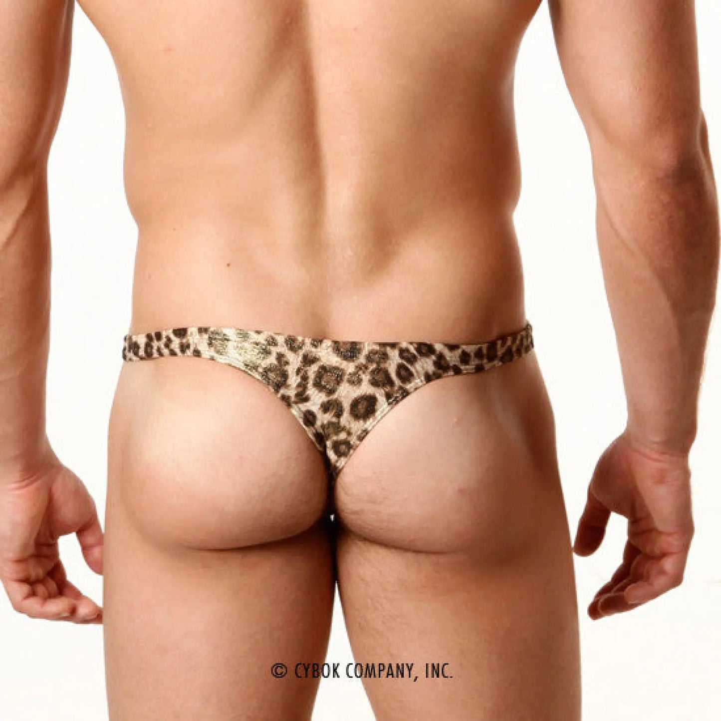 Metromalewear metallic leopard gold thong with shiny textured fabric finish visible from the back side