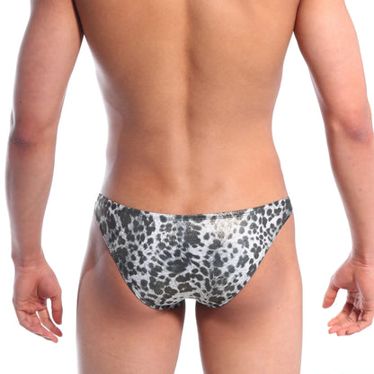 Black and white leopard print metallic silver bikini swim trunks from metromalewear designed for men