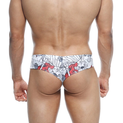 Metro malewear micro cheek escobar 2027-09 red and white floral patterned men’s briefs shown from the back side
