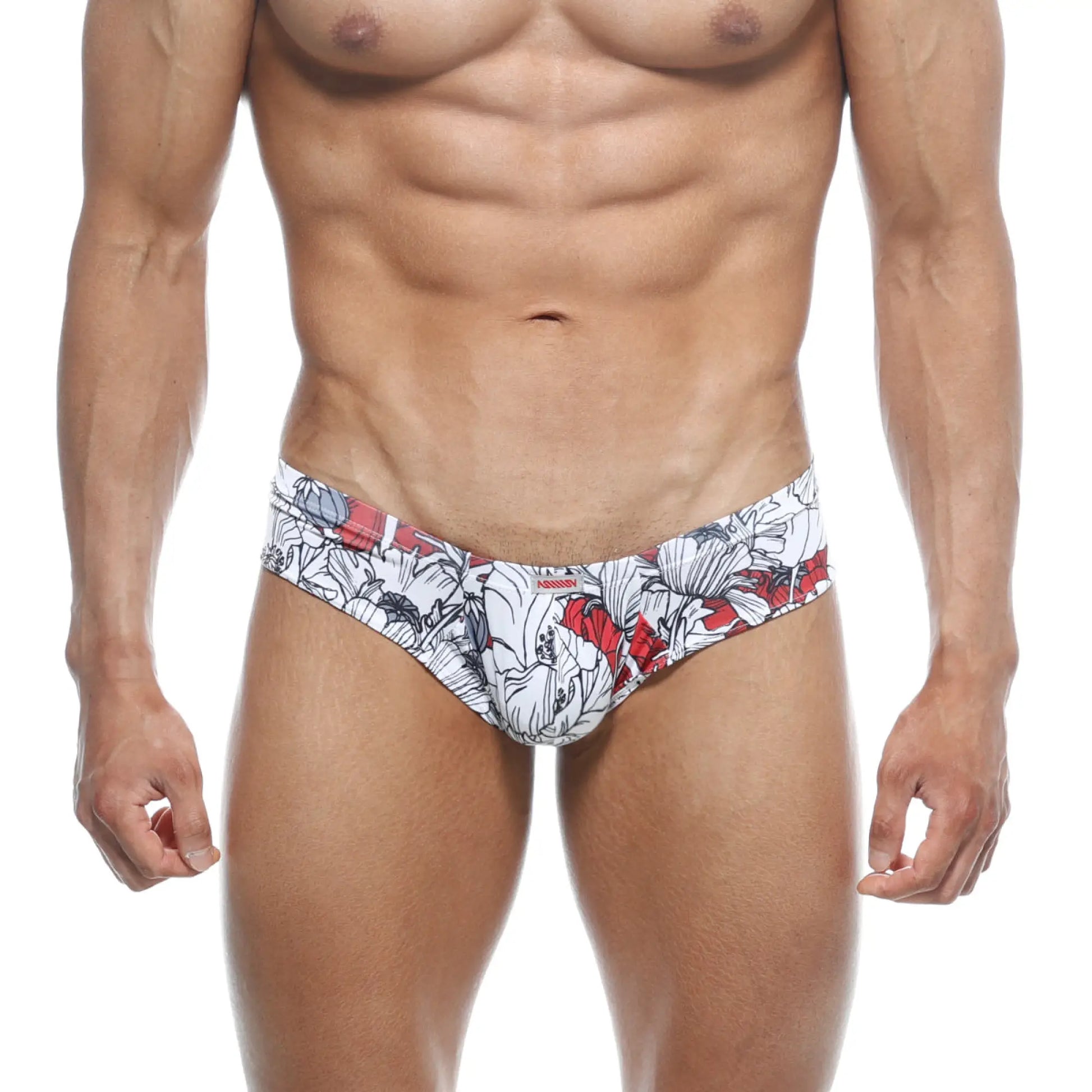 White and red floral patterned mens briefs with bold graphic design from metromalewear micro cheek escobar 2027 09