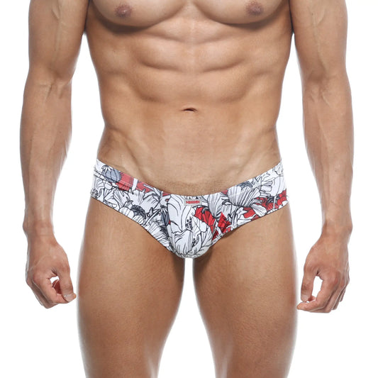 White and red floral patterned mens briefs with bold graphic design from metromalewear micro cheek escobar 2027 09