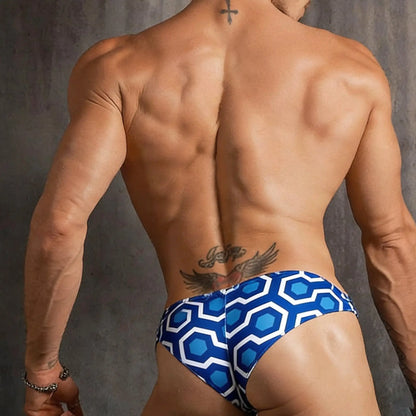 Blue and white geometric-patterned swim trunks metroMalewear micro cheek honeycomb 2027-61 for casual beachwear
