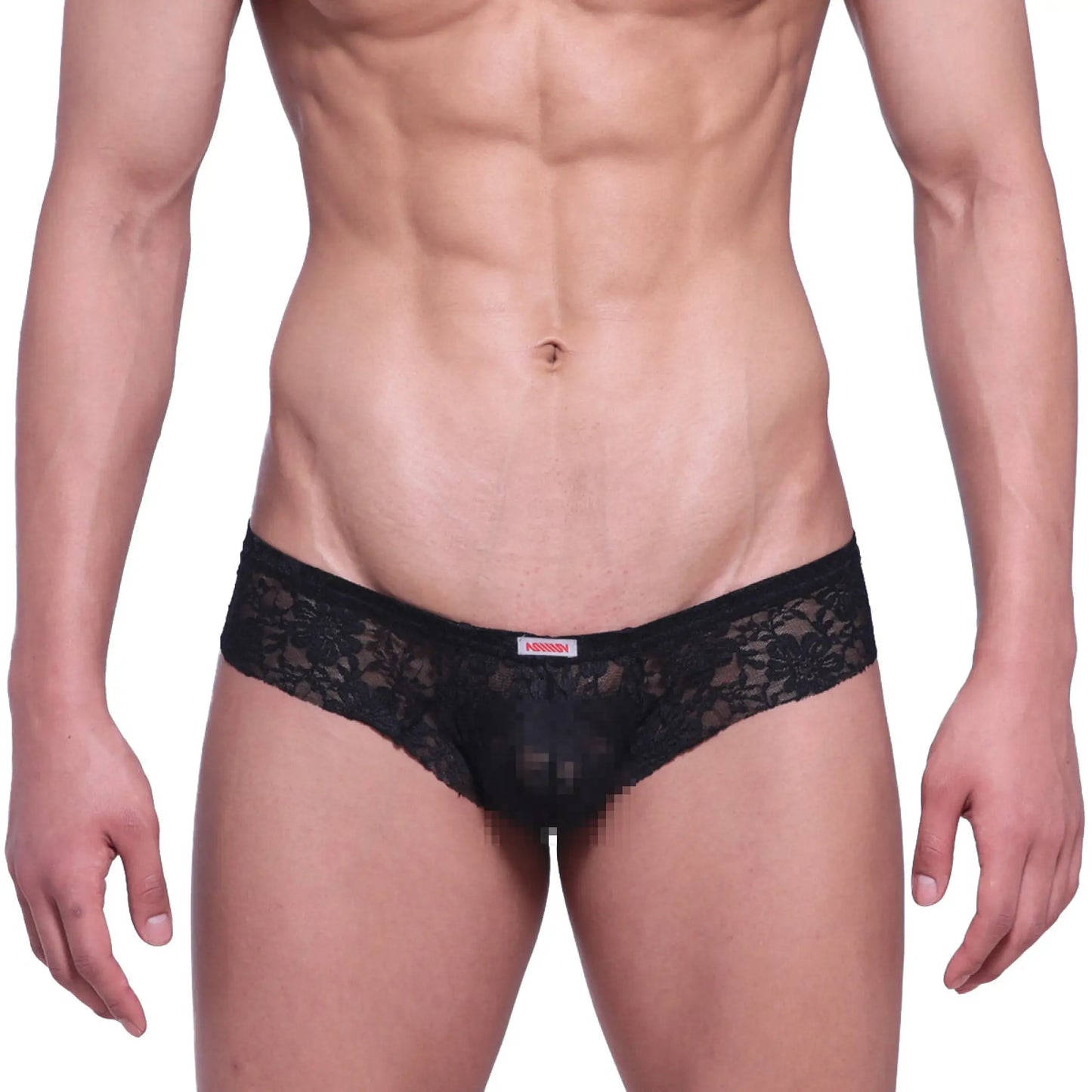Black lace thong with delicate floral pattern and small red brand tag on waistband from metromalewear micro cheek lace line