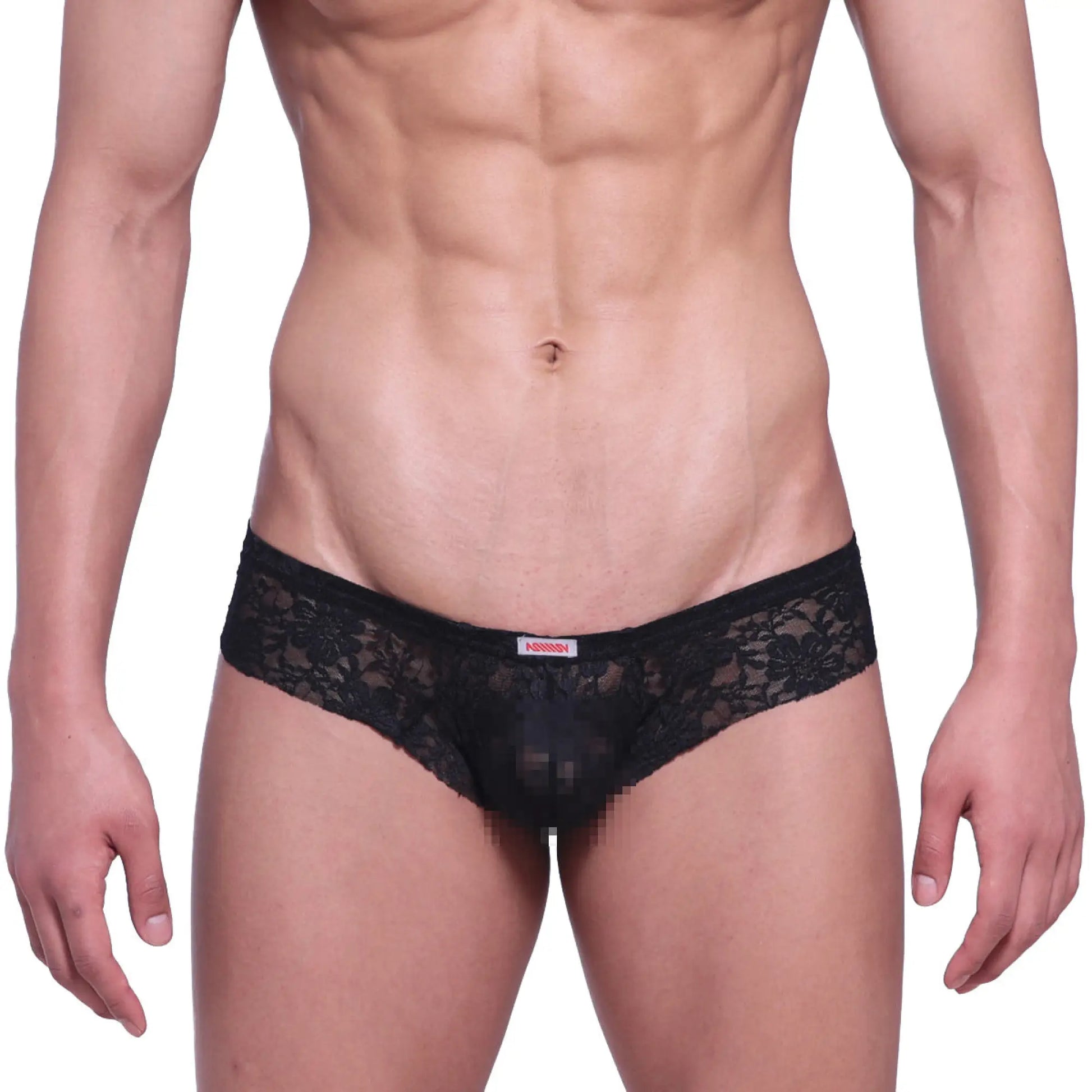 Black lace thong with delicate floral pattern and small red brand tag on waistband from metromalewear micro cheek lace line