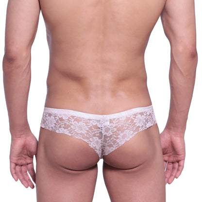 White floral lace thong featuring micro cheek lace in nude from MetroMaleWear model 2027-50 shown from back side