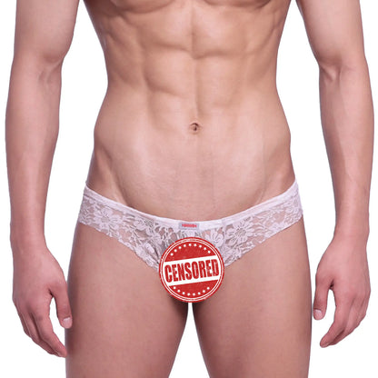 White lace thong with floral pattern and small red brand tag from metromalewear micro cheek lace nude 2027-50