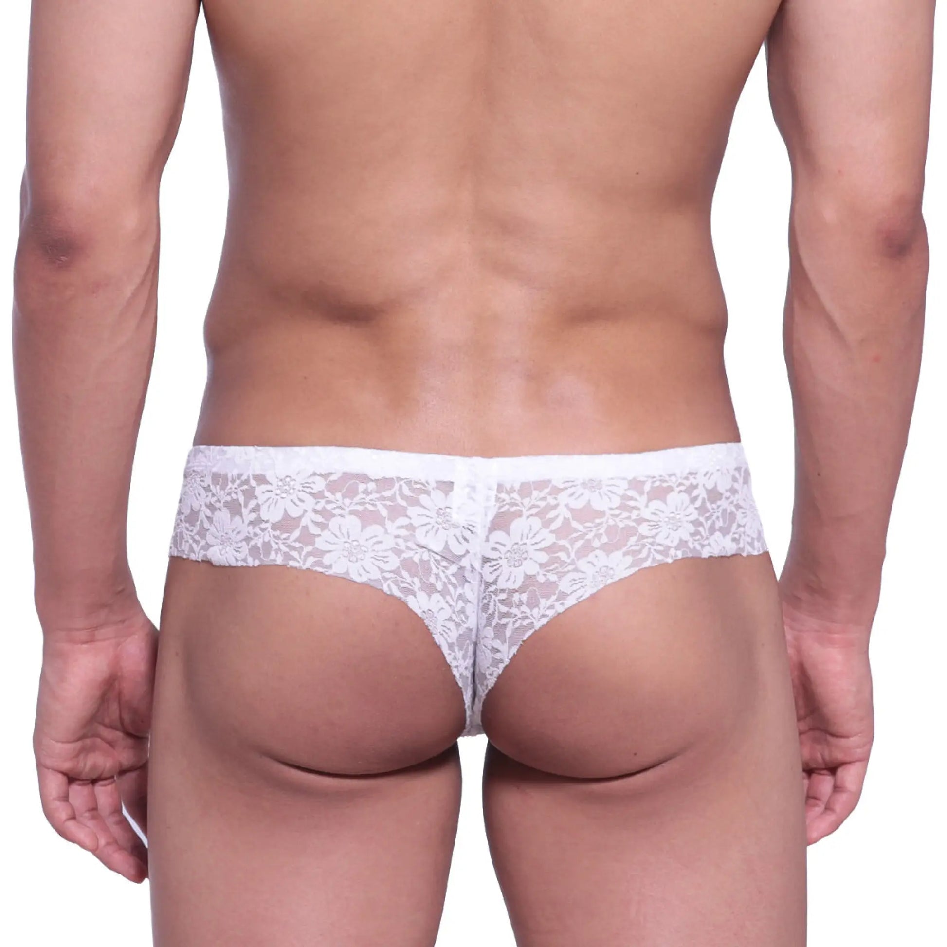 White floral lace thong from MetroMaleWear featuring micro cheek design and delicate lace material in white