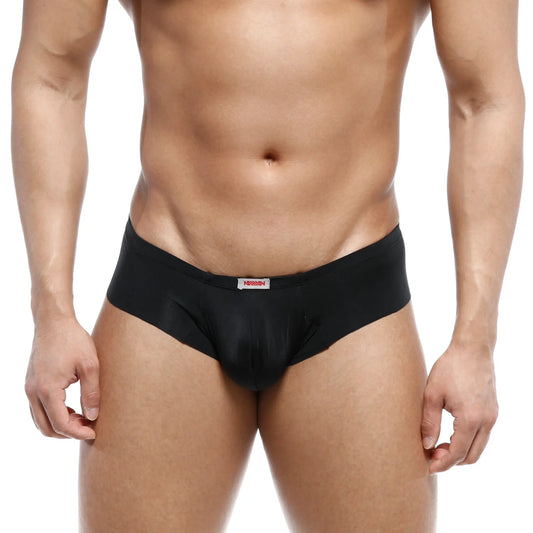 Black form-fitting men’s briefs with smooth stretchy fabric and a white label on the waistband from MetroMaleWear