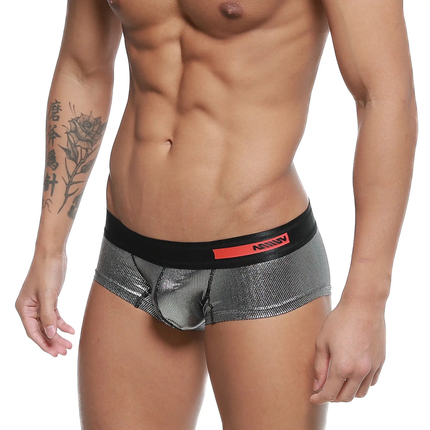 Shiny silver mesh briefs with black waistband and red logo metro malewear micro mini boxer armour 7013-05