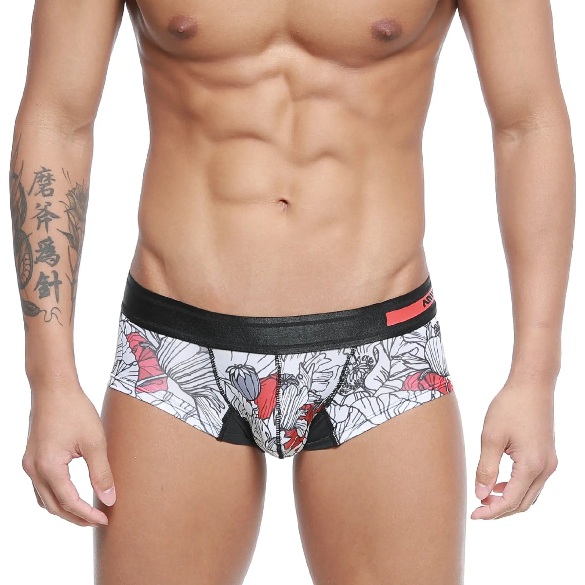 MetroMalewear micro mini boxer Escobar 7013-03 white briefs with bold red and black floral pattern and black waistband