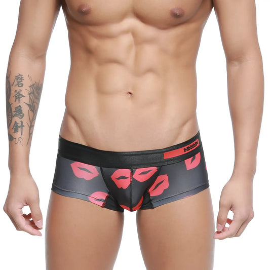 Black briefs with bold red lipstick print and anony waistband from metromalewear micro mini boxer kiss 7013-36