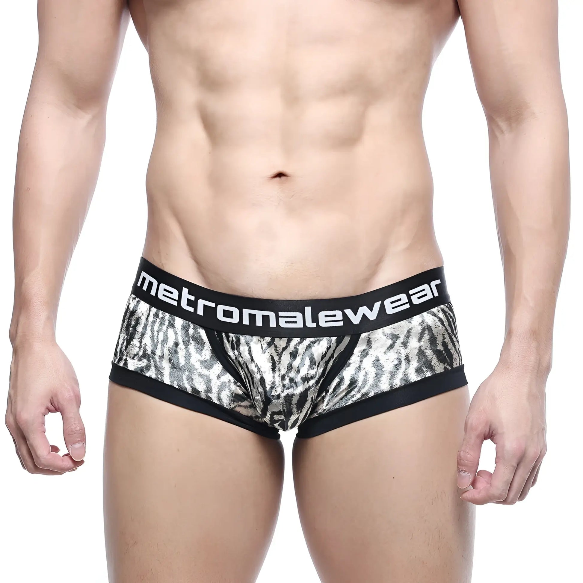 Black and silver zebra print micro mini boxer briefs with black elastic metromalewear waistband natural 7016-60