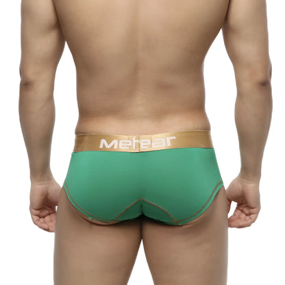 Metro malewear micro mini boxer briefs in green with gold waistband and matching stitching for festive wear