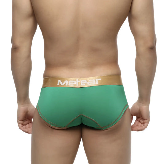 Metro malewear micro mini boxer briefs in green with gold waistband and matching stitching for festive wear