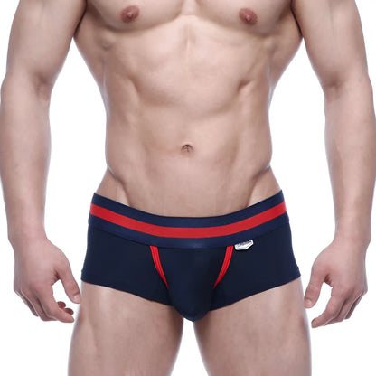 MetroMaleWear Micro Mini Boxer navy 7013-28 brief with red trim and white logo on waistband in navy blue microfiber