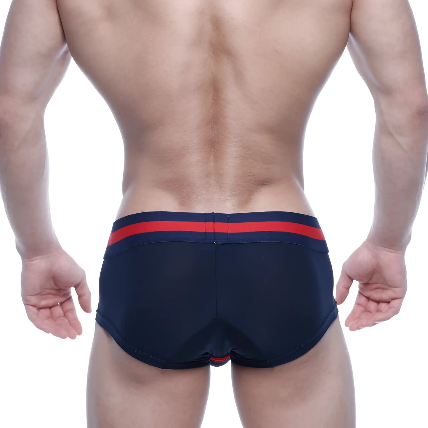 MetroMaleWear micro mini boxer navy 7013-28 swim trunks in navy blue with red and navy striped waistband