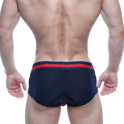 MetroMaleWear micro mini boxer navy 7013-28 swim trunks in navy blue with red and navy striped waistband
