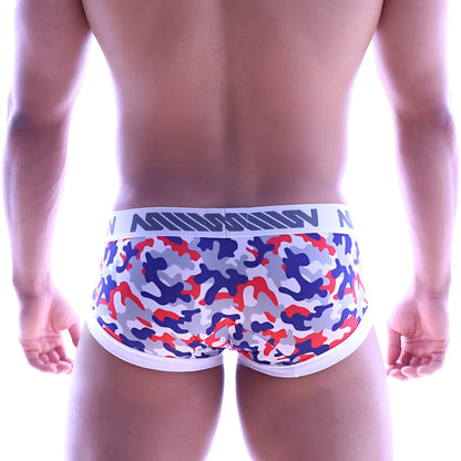 Red blue and gray camouflage patterned men’s briefs with white mission waistband metroMalewear micro mini boxer
