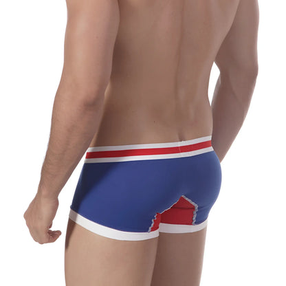 Blue men’s boxer briefs with red and white trim showing bold graphic design on the back metroMaleWear royal 7013-18