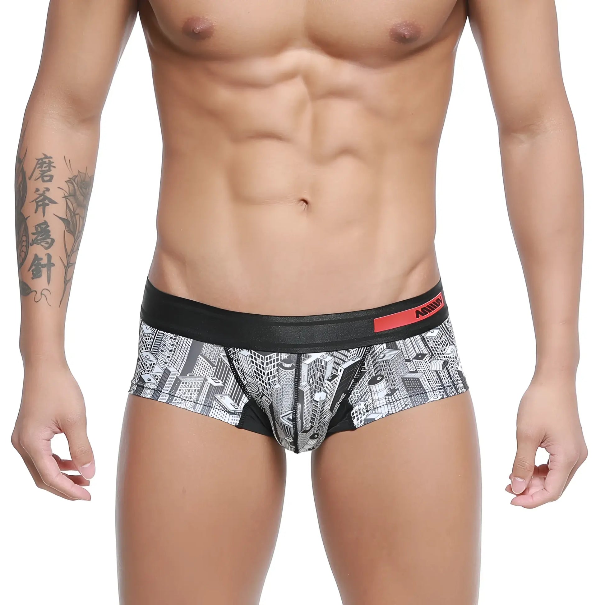 Metro male wear micro mini boxer briefs with black and white cityscape pattern and red logo waistband
