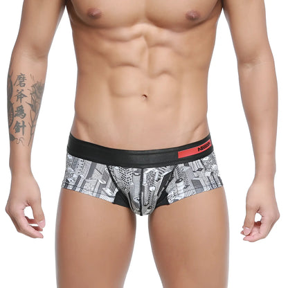 Metro male wear micro mini boxer briefs with black and white cityscape pattern and red logo waistband