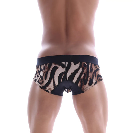 MetroMaleWear micro mini boxer briefs with black and tan tiger stripes and a solid black waistband