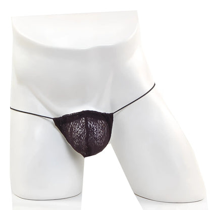 Black lace thong with thin elastic straps in microfiber by MetroMaleWear model 2015-48 in black color
