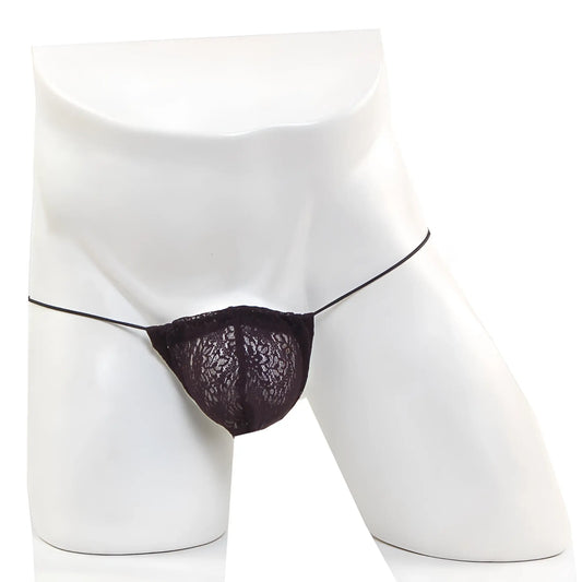 Black lace thong with thin elastic straps in microfiber by MetroMaleWear model 2015-48 in black color