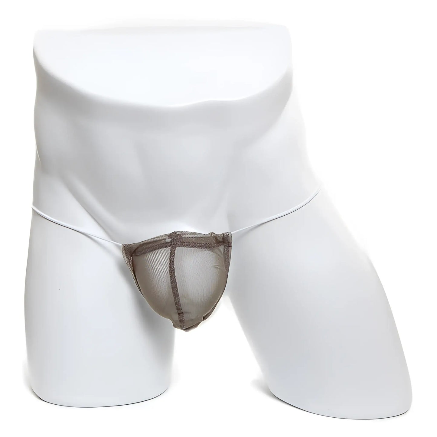 Taupe microfiber mesh thong with reinforced darker brown trim along edges and waistband metroMaleWear G khaki 2015-48