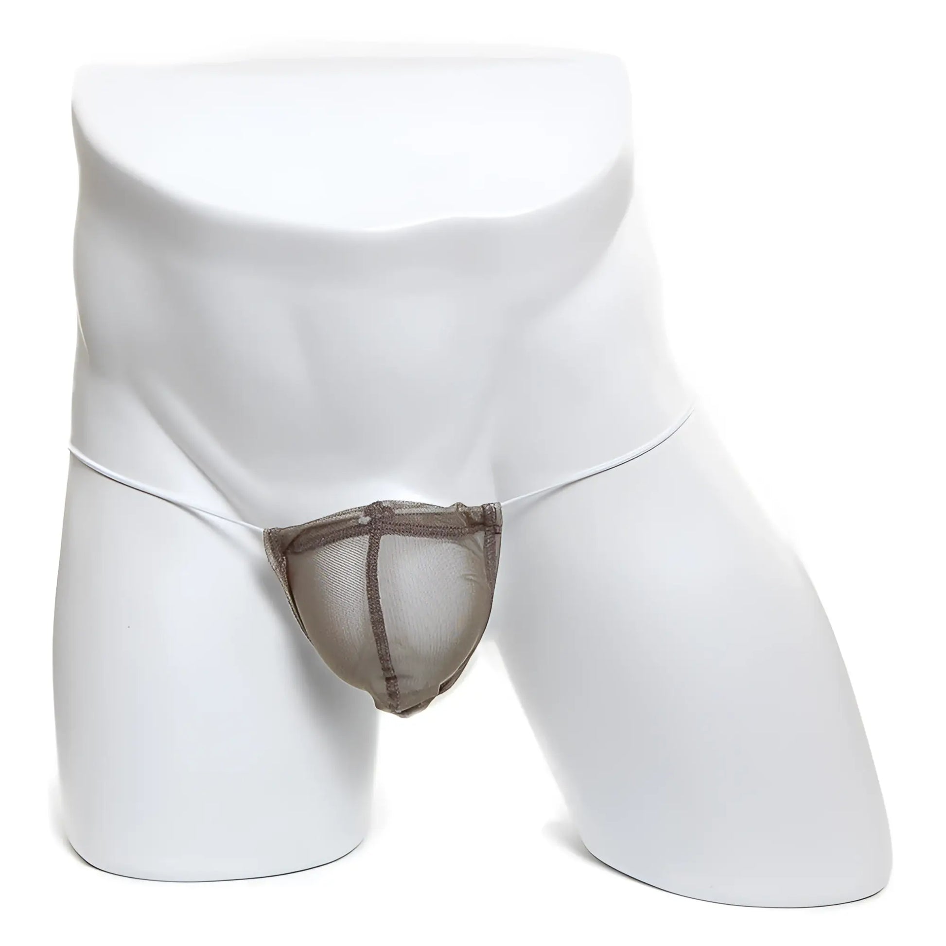 Taupe microfiber mesh thong with reinforced darker brown trim along edges and waistband metroMaleWear G khaki 2015-48