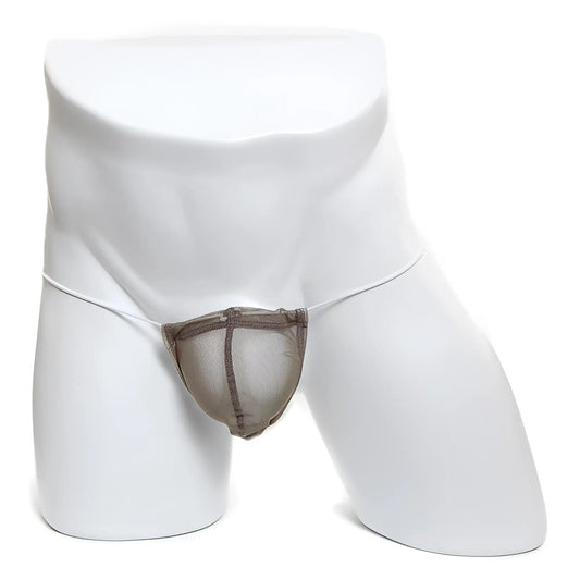 Taupe microfiber mesh thong with reinforced darker brown trim along edges and waistband metroMaleWear G khaki 2015-48